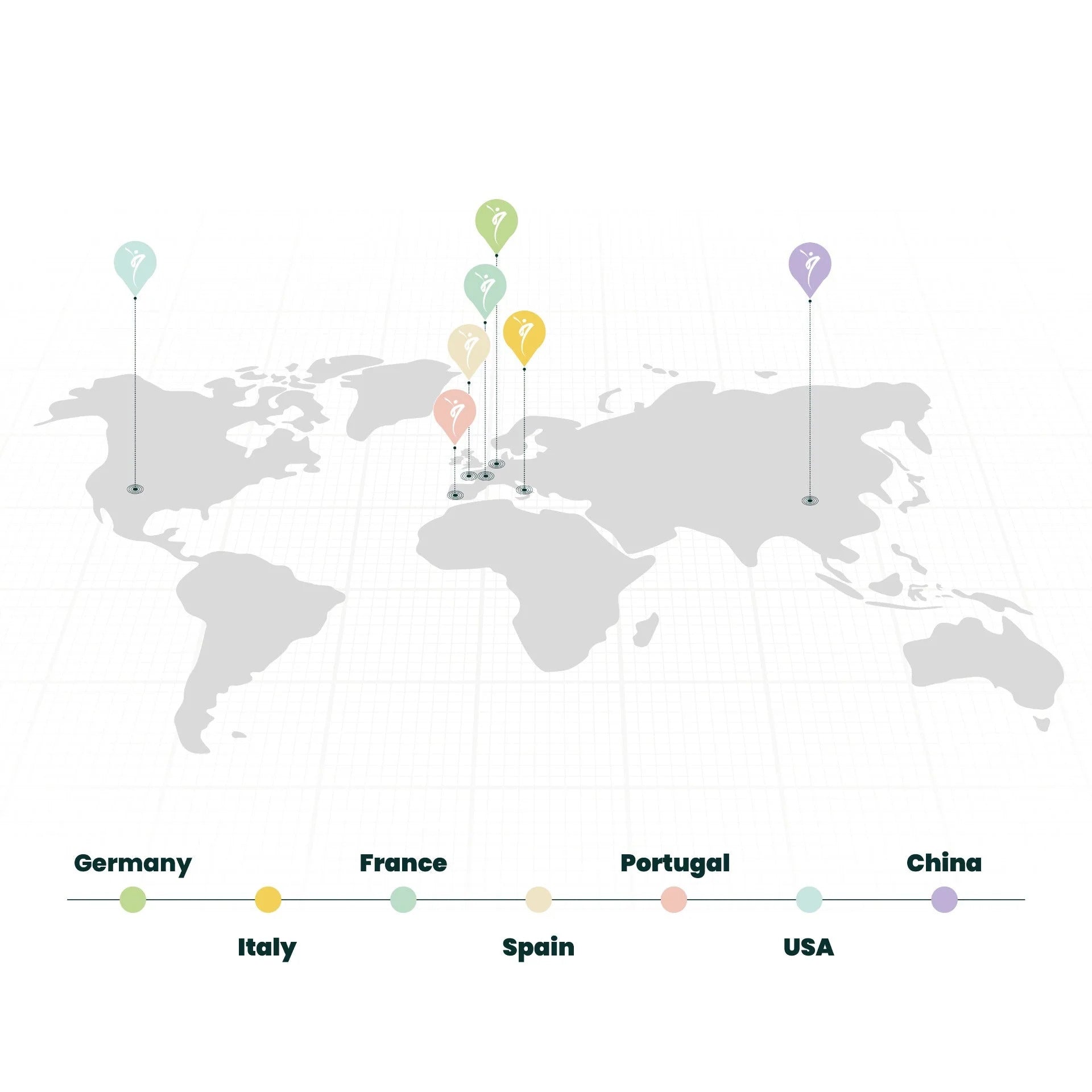 Weltkarte in Grautönen mit farbigen Markierungen über verschiedenen Ländern wie Deutschland, Frankreich, Italien und anderen, jeweils verbunden mit einer Farblegende am unteren Rand.