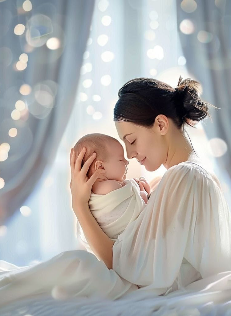 Liebevolle Mutter in weißem Gewand hält und küsst ihr neugeborenes Baby sanft im hellen Zimmer.