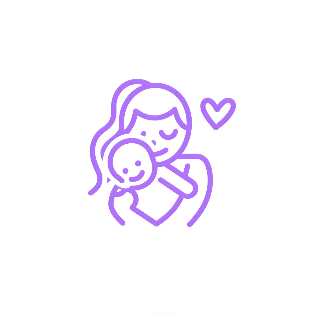 Abstraktes Symbol einer Mutter, die ihr Kind hält, in Lila, mit einem Herz, auf weißem Hintergrund, Symbol für Mutterschaft und Natalis.