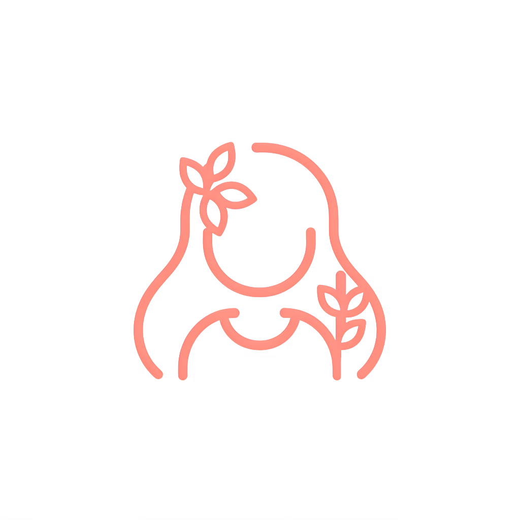 Stilisierte Darstellung einer Frau im Profil mit Blättern im Haar, rosa Linienzeichnung auf weißem Hintergrund, Symbol für Schönheit.