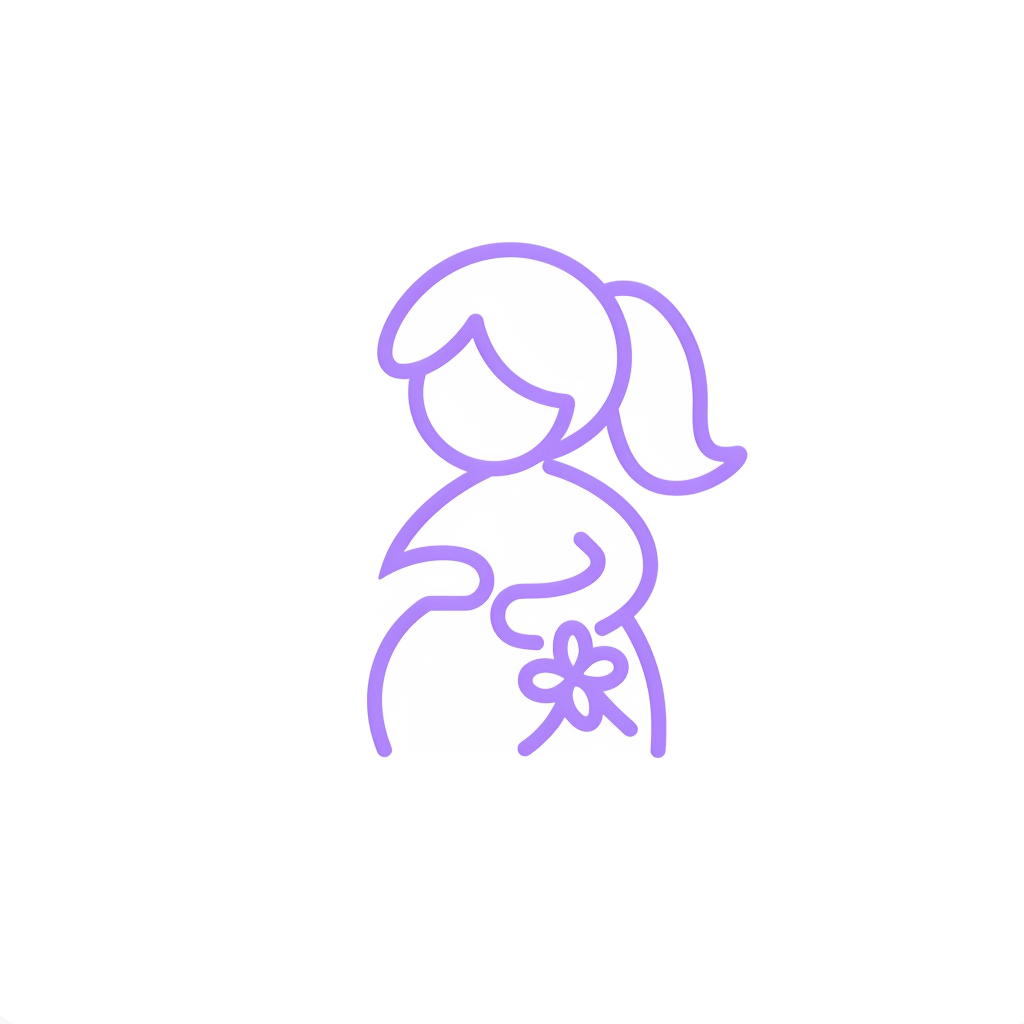 Symbol einer schwangeren Frau mit einer Blume, rosa Konturzeichnung auf weißem Hintergrund, Symbol für Schwangerschaft.