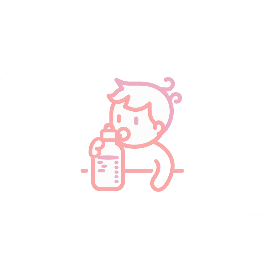 Einfaches Symbol eines sitzenden Babys, das eine Flasche hält, in einem rosa Umriss auf weißem Hintergrund, Symbol für Stillzeit.