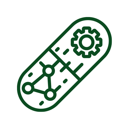 Grünes Icon eines technologischen Geräts mit Zahnrädern und Schaltkreisen auf dunklem Hintergrund, Symbol für Nanotechnologie.