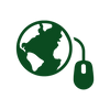 Grünes Icon eines Globus mit einer Computermaus, Umrisszeichnung auf dunklem Hintergrund, Symbol für Online und E-commerce.
