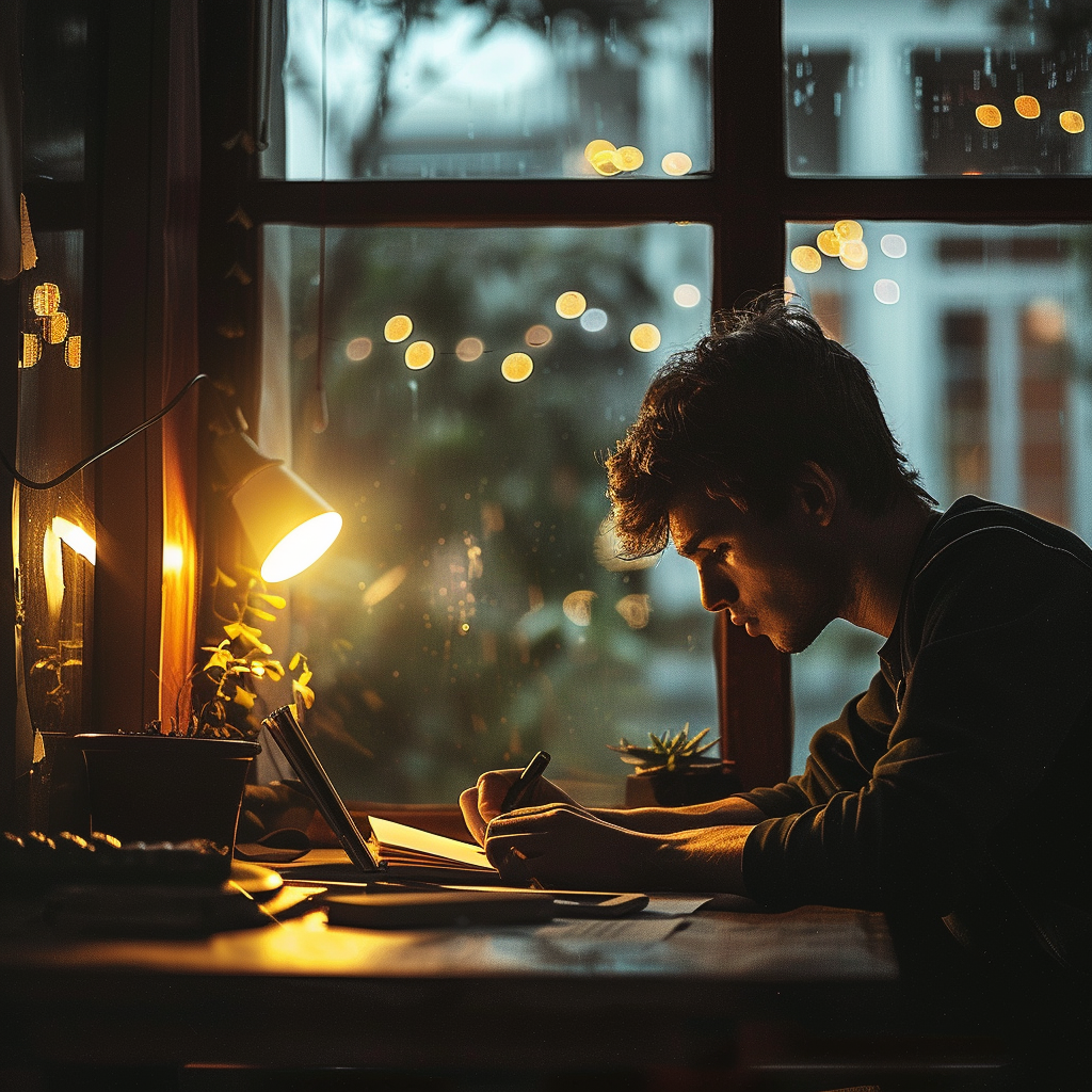 Junger Mann, konzentriert beim Zeichnen an einem Schreibtisch mit warmem Lampenlicht, vor einem Fenster mit Regentropfen und unscharfen Lichtern im Hintergrund.