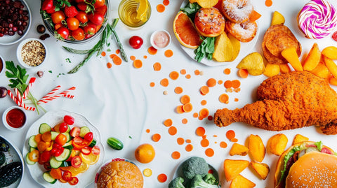 Eine Vielzahl von Lebensmitteln auf einem weißen Tisch arrangiert, darunter Früchte, Gemüse, Fast Food und Süßigkeiten, bietet eine bunte Auswahl an Optionen.