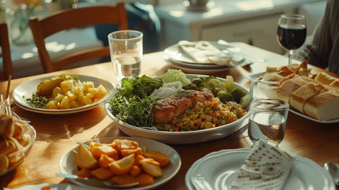 Ein reichhaltig gedeckter Tisch mit verschiedenen Gerichten, darunter Salat, Kartoffeln, Gemüse und Fisch, beleuchtet von Sonnenlicht.