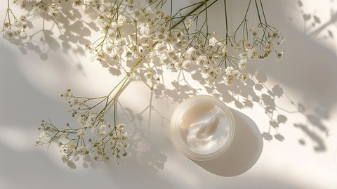 Offenes Glas mit Feuchtigkeitscreme, umgeben von kleinen weißen Blüten auf einem hellen Untergrund mit Schattenspielen.