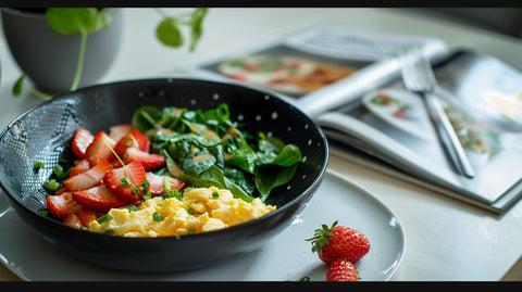Ein gesundes Frühstück in einer schwarzen Schüssel, bestehend aus Rührei, frischen Erdbeeren und Spinat, angerichtet auf einem Tisch mit einer weißen Platte und Gabel, neben einem geöffneten Kochbuch.