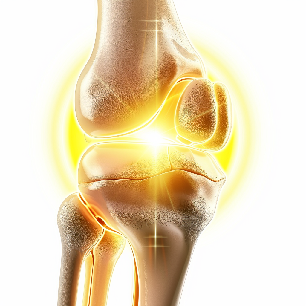 Ein glühendes, leuchtendes Kniegelenk in der Detailansicht, das die Gelenkflächen und die umgebenden Knochenstrukturen hervorhebt.