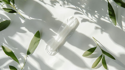 Menstruationstasse auf einem weißen Hintergrund mit Schatten von Blättern, die ein ruhiges und sauberes Bild vermitteln.