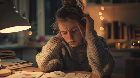 Eine junge Frau sitzt in einem dunklen Raum beim Lernen, umgeben von Büchern und Notizen, mit einem nachdenklichen Ausdruck und gestütztem Kopf, was das Studium spät in der Nacht darstellt.