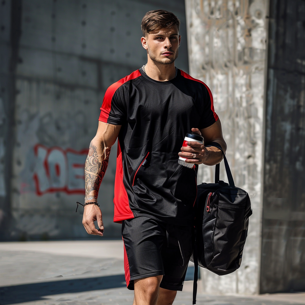 Durchtrainierter Mann in schwarz-rotem Sportoutfit mit einer Trinkflasche und Sporttasche vor einer urbanen Betonwand mit Graffiti.