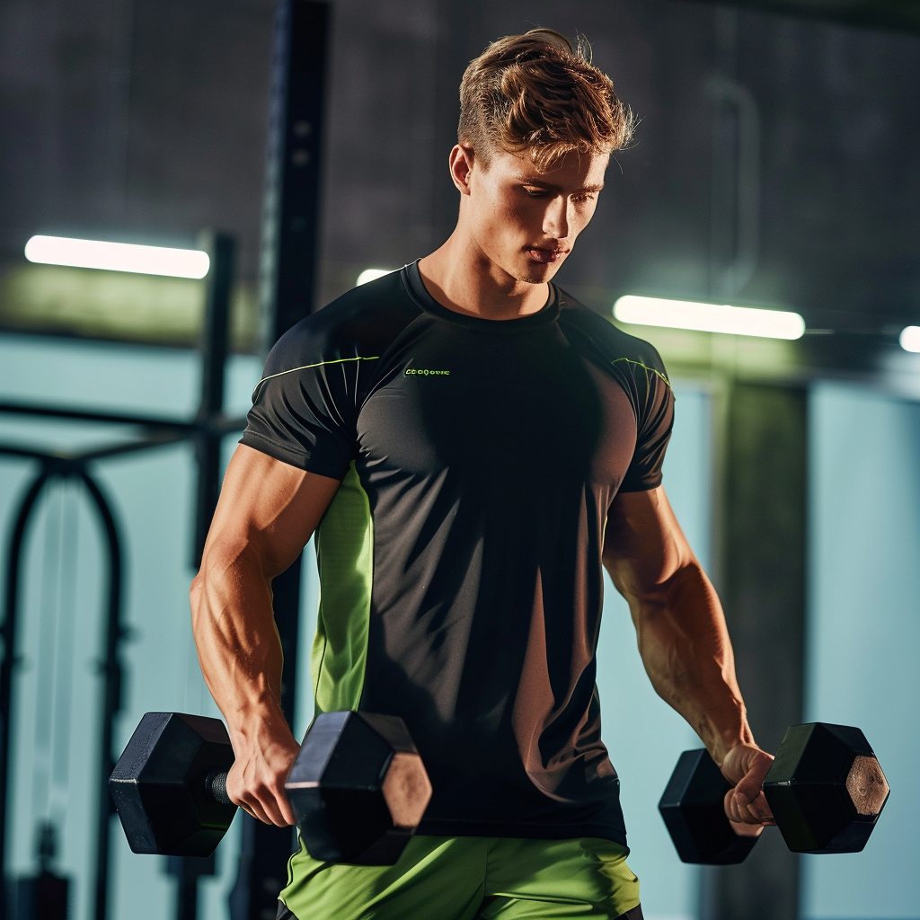 Durchtrainierter junger Mann in sportlichem Outfit trainiert mit Hanteln im Fitnessstudio, fokussiert und entschlossen.