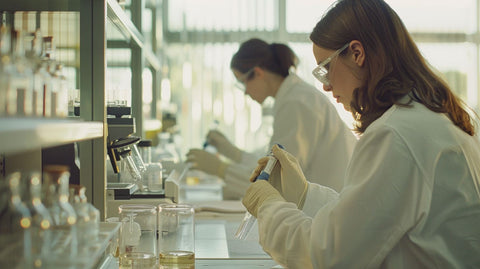 Zwei Wissenschaftlerinnen arbeiten konzentriert in einem Labor, umgeben von wissenschaftlichen Geräten und Proben.