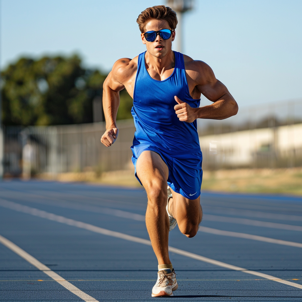 Kraftvoller Läufer mit Sonnenbrille und in blauer Sportkleidung sprintet auf einer Tartanbahn, dynamische Bewegungsunschärfe, Fokus auf Intensität und Geschwindigkeit.