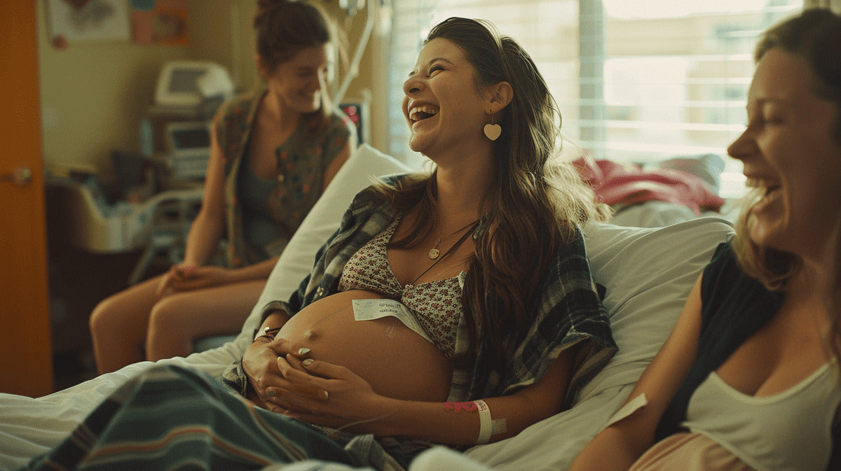 Lächelnde schwangere Frau, umgeben von Freundinnen, sitzt auf einem Bett in einem Krankenhauszimmer, fröhliche und entspannte Gesichtsausdrücke, wärmendes Sonnenlicht durch das Fenster.