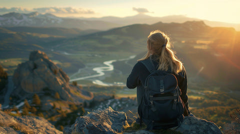 Eine junge Frau sitzt auf einem Felsen und schaut auf eine Berglandschaft bei Sonnenuntergang, mit einem Fluss im Tal und schneebedeckten Gipfeln im Hintergrund.