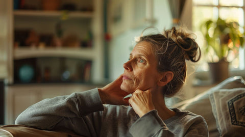 Eine ältere Frau sitzt nachdenklich in einem Wohnzimmer, stützt ihren Kopf mit den Händen ab und blickt in die Ferne, umgeben von einer gemütlichen Einrichtung.