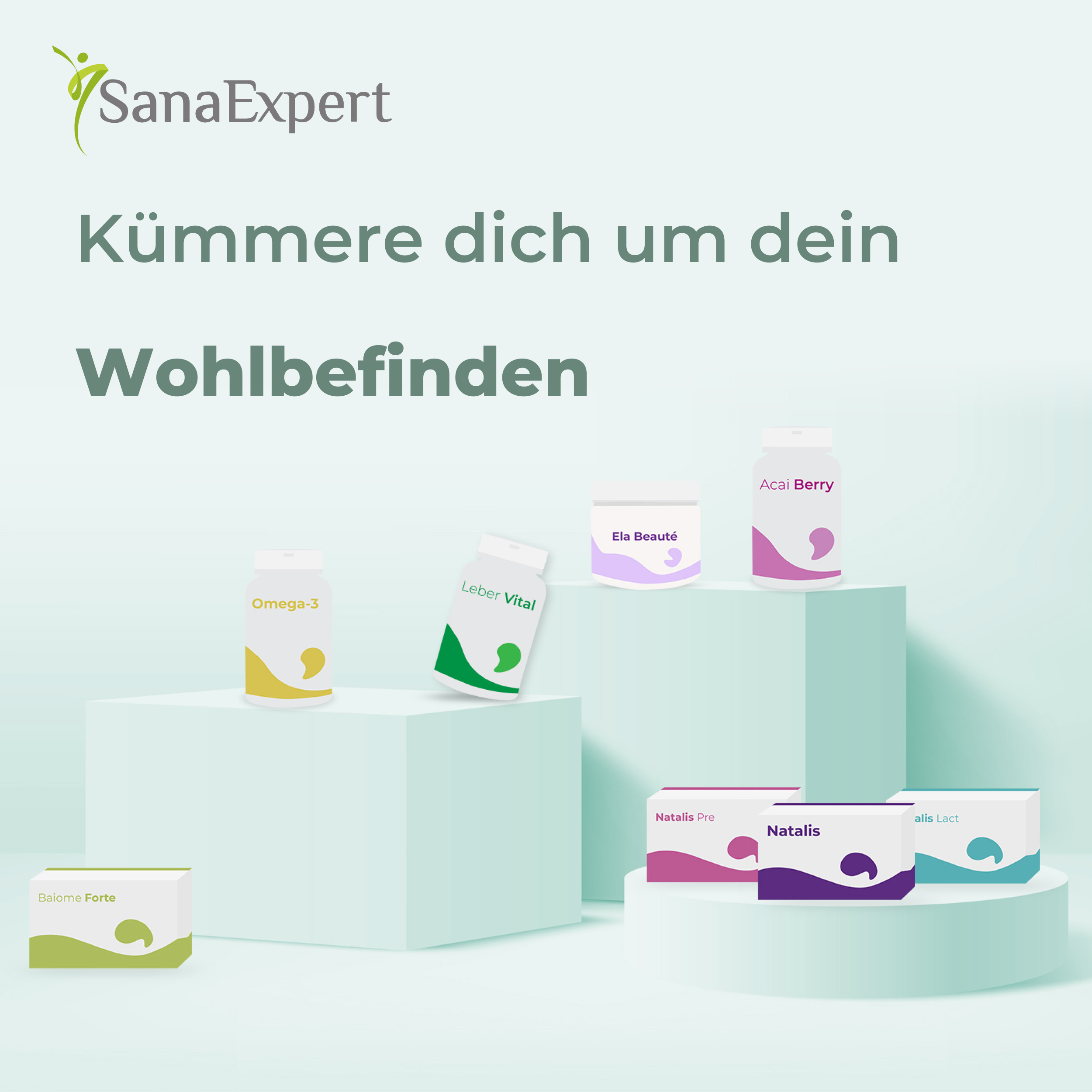 Verschiedene SanaExpert Nahrungsergänzungsmittel präsentiert auf Podesten mit der Botschaft "Kümmere dich um dein Wohlbefinden", betont durch ein frisches, grünes Design.
