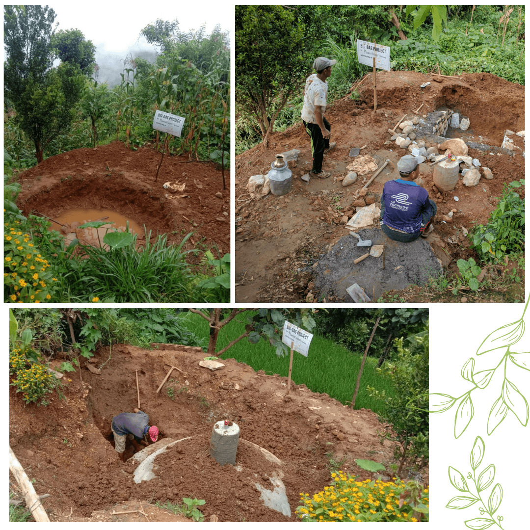Drei Aufnahmen von der Errichtung eines Bio-Gas-Projekts in einem ländlichen Gebiet. Jedes Bild zeigt Arbeiter, die an verschiedenen Bauphasen der Biogasanlage arbeiten, umgeben von grüner Vegetation und Schildern, die das Projekt von SanaExpert ankündigen.