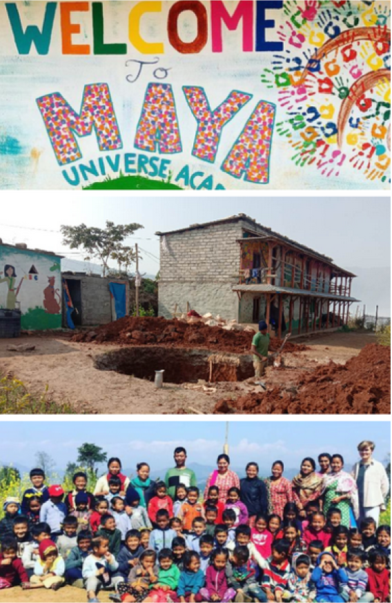 Eine Collage von drei Bildern der Maya Universe Academy, beginnend mit einem bunten Begrüßungsschild, gefolgt von der Baustelle der Schule und endend mit einem Gruppenbild von Schülern und Lehrern.