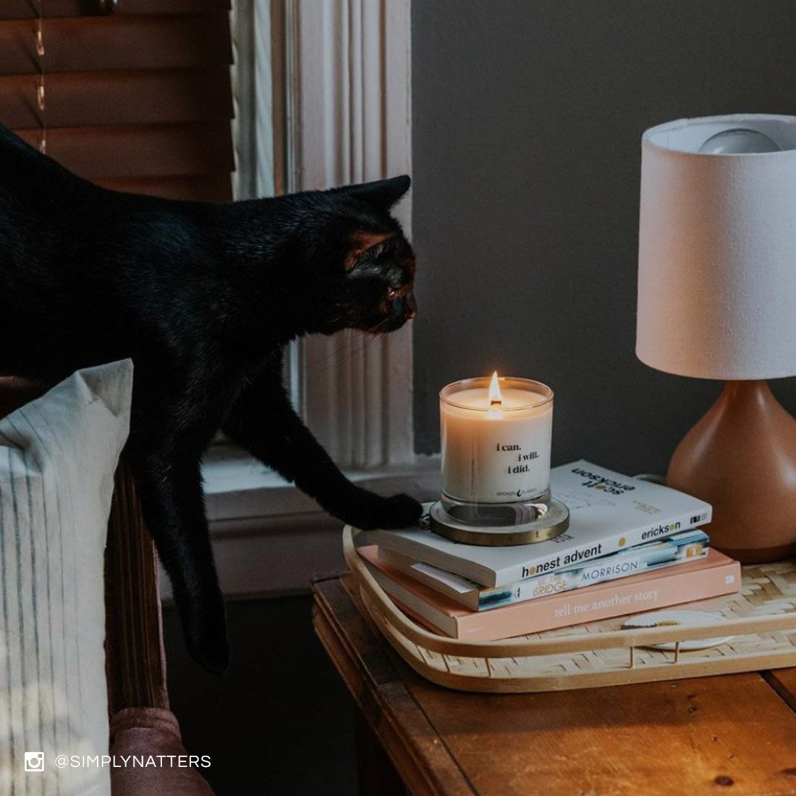 Spoken Flames candle on dresser near lamp with a black cat