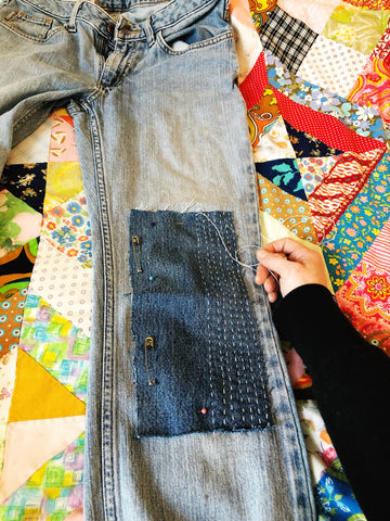 Repairing Jeans with Oversize Knee Patches and Sashiko Stitching ...