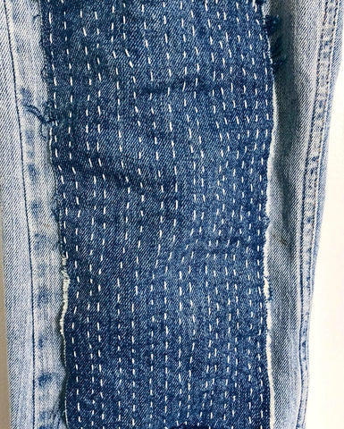 Repairing Jeans with Oversize Knee Patches and Sashiko Stitching