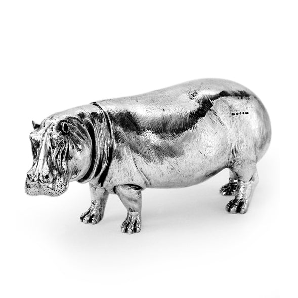 Large Hippo Silver Figure Height 12.75cm Handmade in the UK - Silverbasket