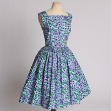Load image into Gallery viewer, Vintage 1950s original purple and green floral print cotton dress UK 8 10 US 4 6 S
