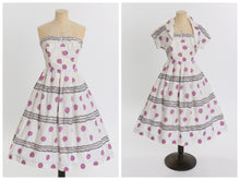 Load image into Gallery viewer, Vintage 1950s original London Town purple novelty print cotton dress and matching bolero UK 6 8 US 2 4 XS S
