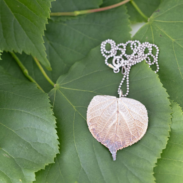 Linden leaf pendant made from real leaf in silver