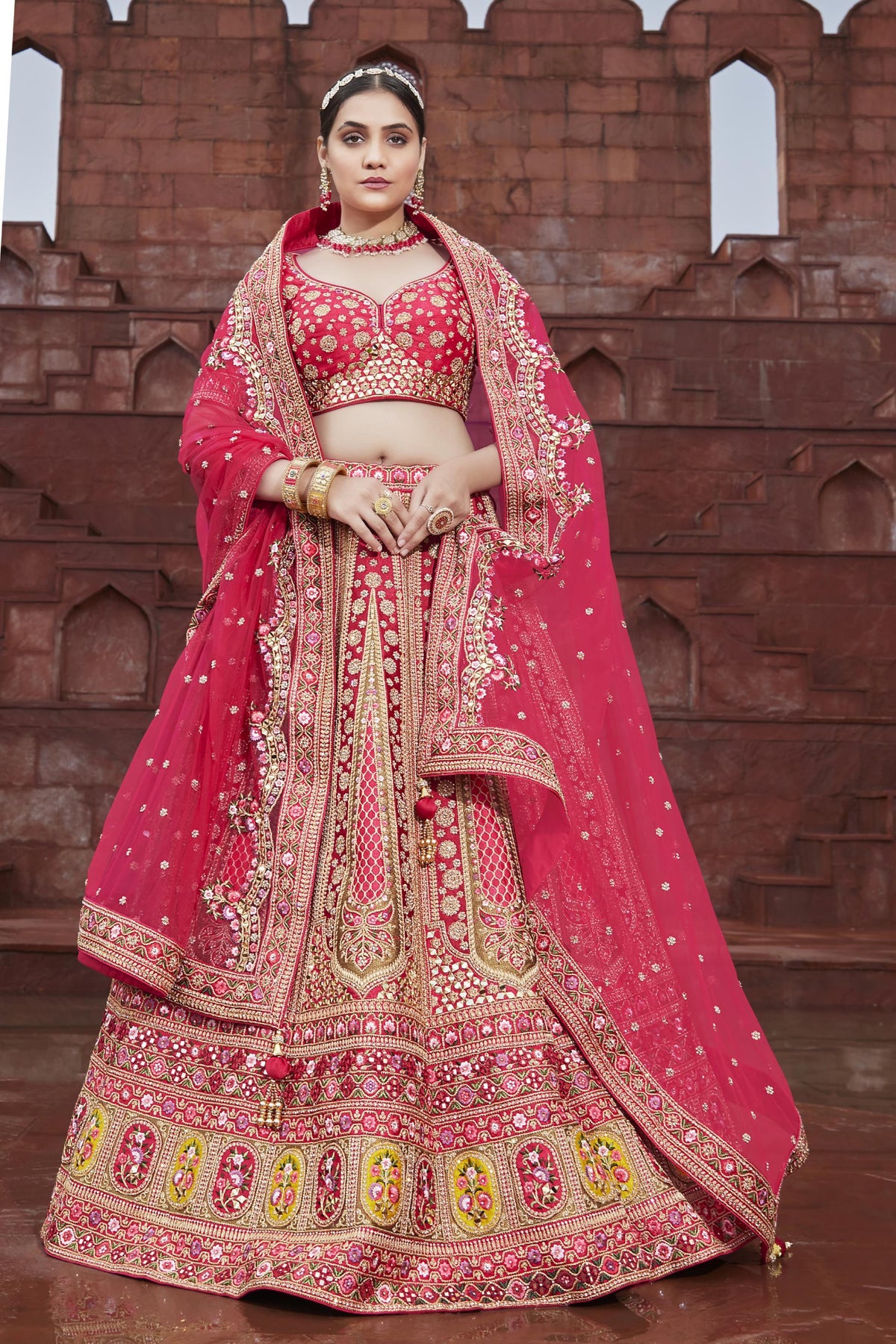 Pink velvet bridal lehenga choli 8301