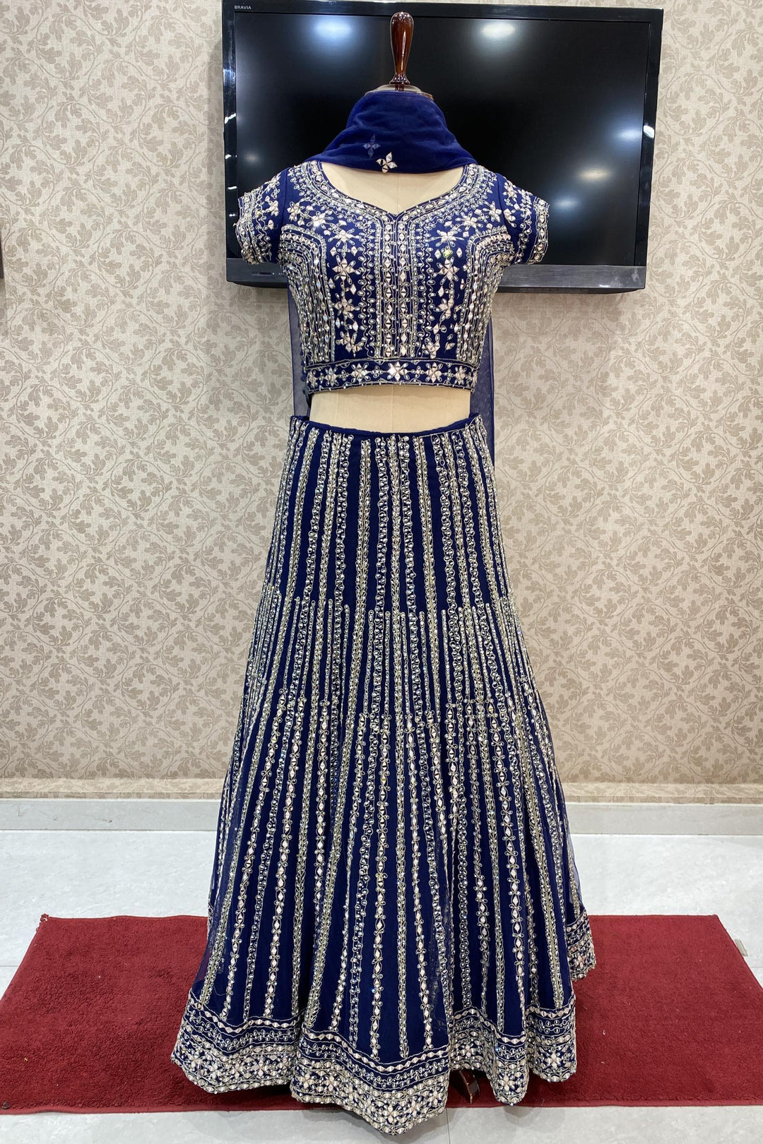 Navy Blue Raw Silk Mirror and Sequins work Crop Top Lehenga – Seasons  Chennai