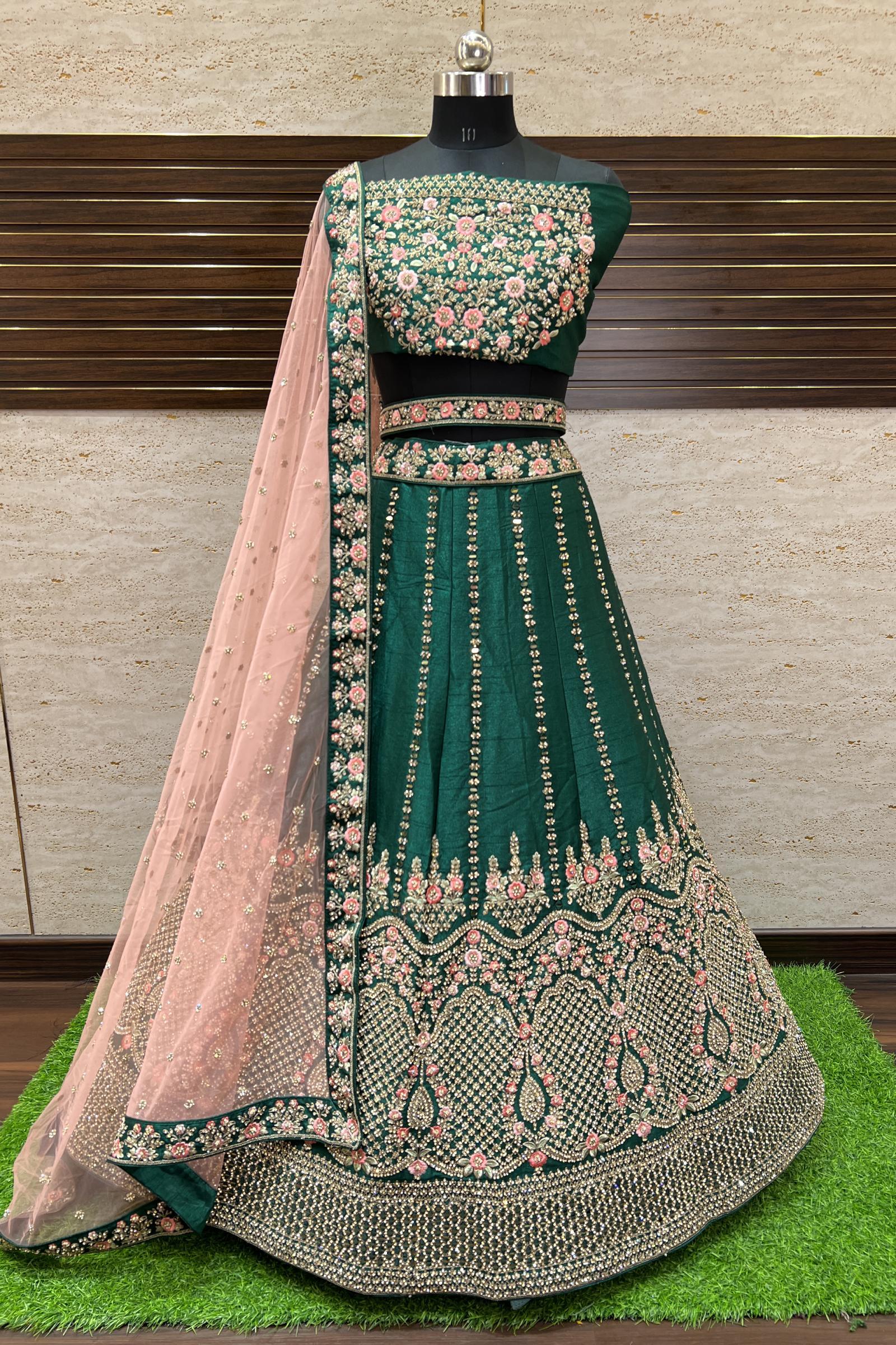 Bottle Green Embroidered Velvet Lehenga – Lashkaraa