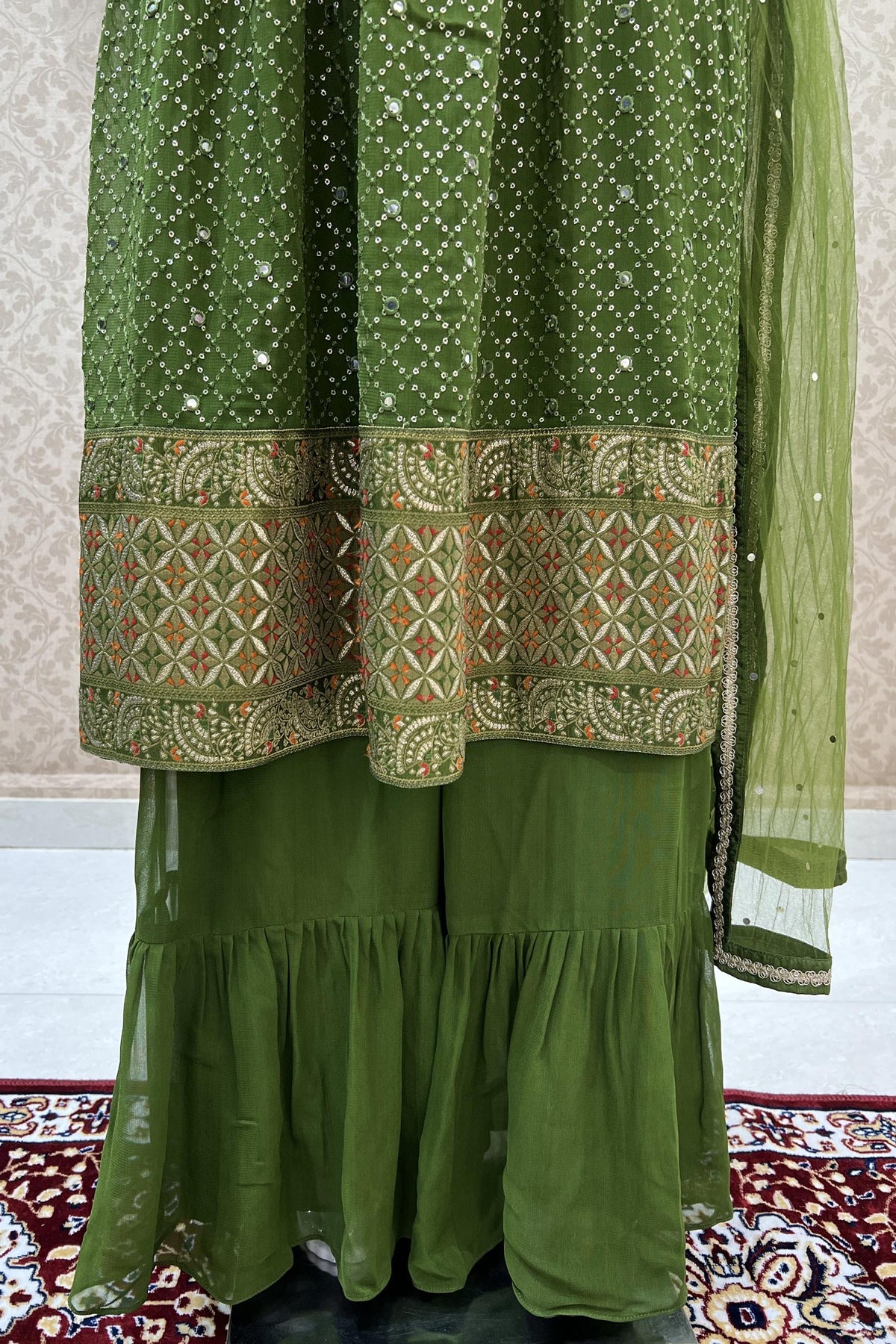 Leaf Green Banaras, Sequins and Thread work Salwar Suit with Palazzo P ...