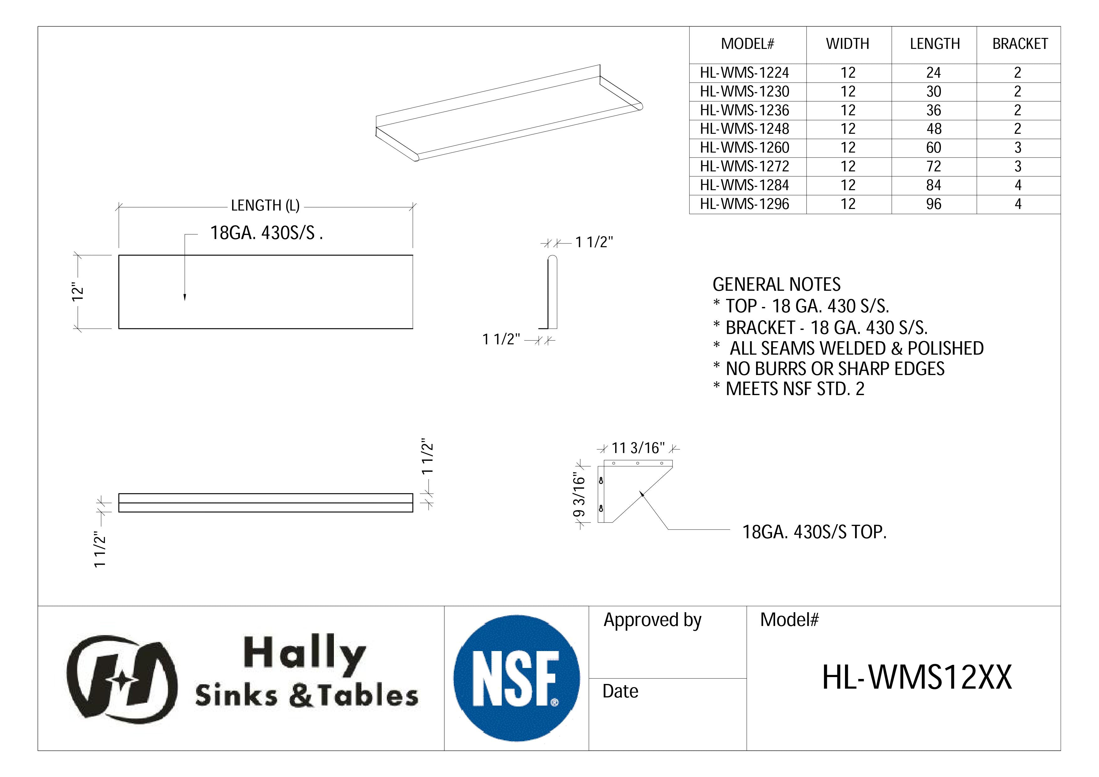 Hally Metal, Stainless Steel Shelf 12 Width