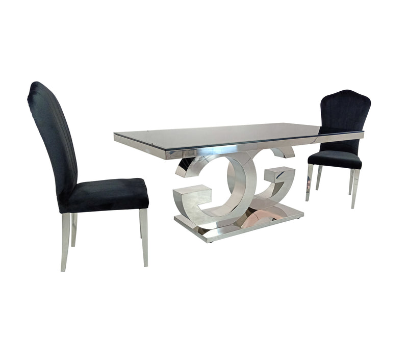 Gabi Stainless Steel Base Tempered Glass Top Dining Table Black Silver