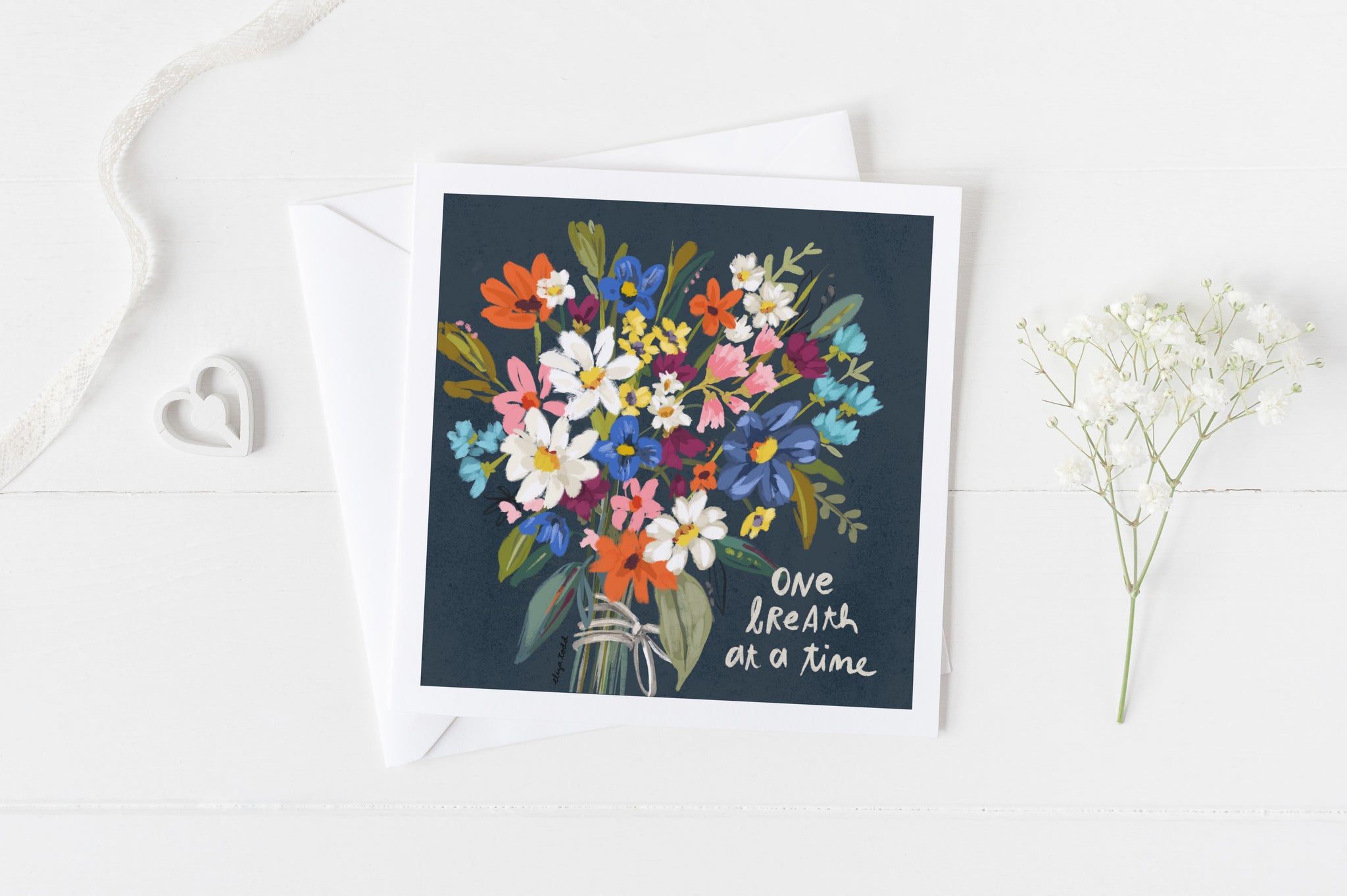 5x5 greeting card by Eliza Todd featuring a bouquet of flowers, saying "One breath at a time." - APeaceofWerk.com