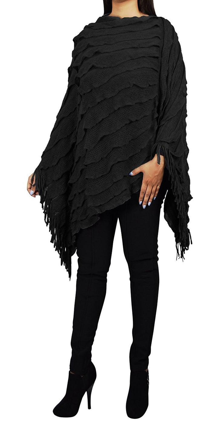 Women's Light Trendy Ruffle Batwing with Fringe Shawl Wrap Poncho