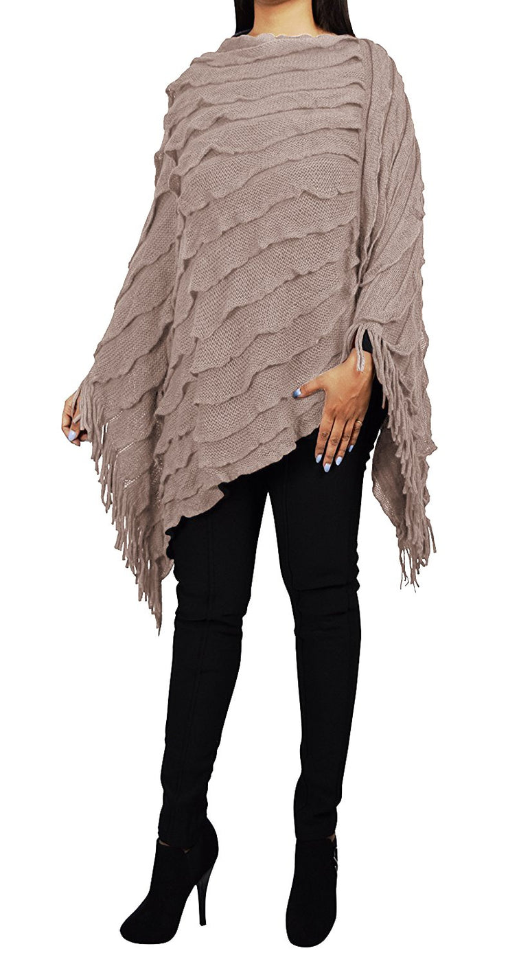 Women's Light Trendy Ruffle Batwing with Fringe Shawl Wrap Poncho