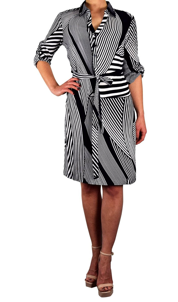 Women's Elegant Soft Striped Button V Neck Shift Dress 3/4 Sleeves ...