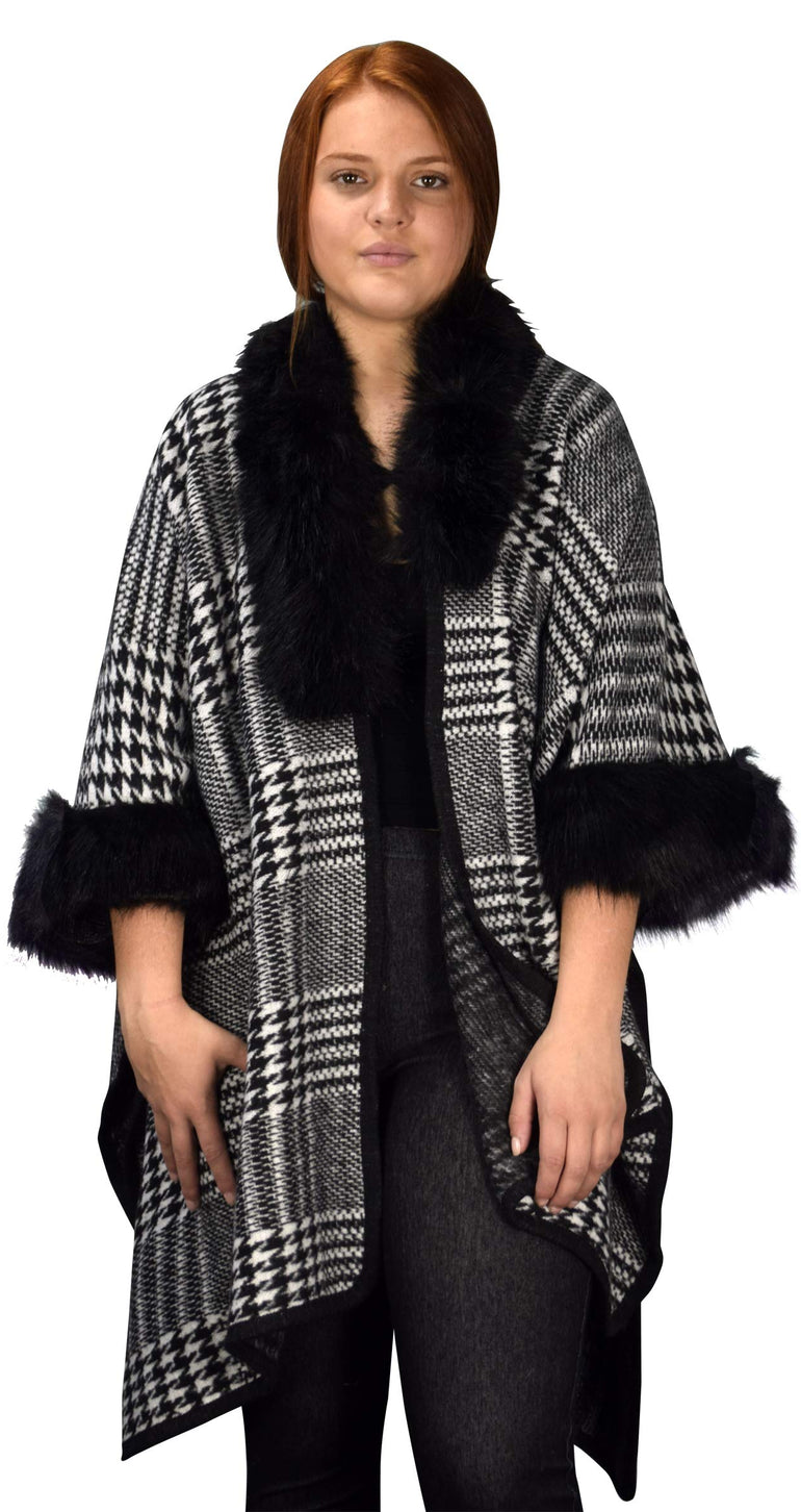 Houndstooth Print Faux Fur Poncho Sweater