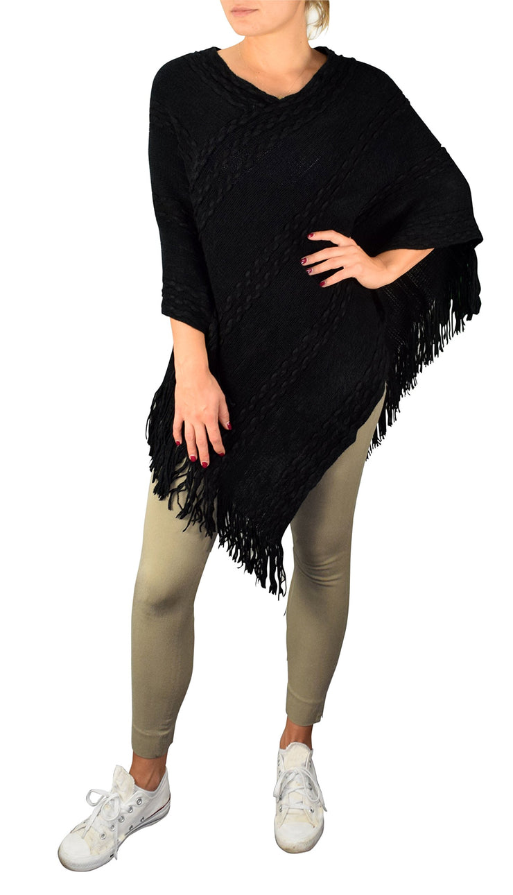 veritasfinancialgrp Retro Style Thick Knit Cozy Winter Poncho Sweater with Fringes