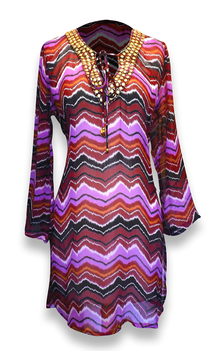 veritasfinancialgrp Bohemian Summer Tunic Beach Cover Up Dress with Embellished Neckline