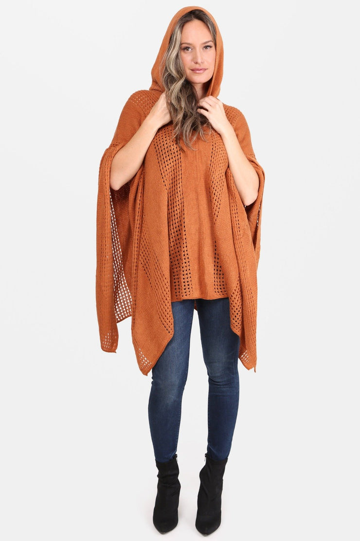 Hunter Solid Color Hollow Knitted Poncho W/ Hood