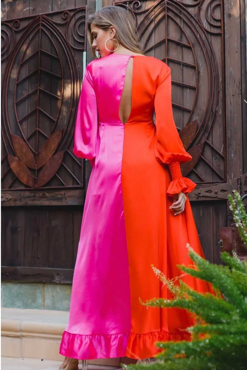 A bright two-tone pink and orange maxi dress - IA VISION BOUTIQUE