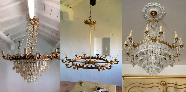 Grande lampadario Stile impero, realizzato in ottone cesellato e cristallo, prima e dopo il restauro-Lo Stile Italiano