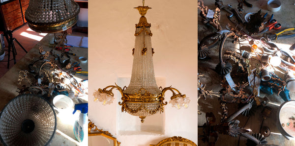 Lampadario Liberty (Art Nouveau) di cristallo, prima e dopo il restauro-Lo Stile Italiano